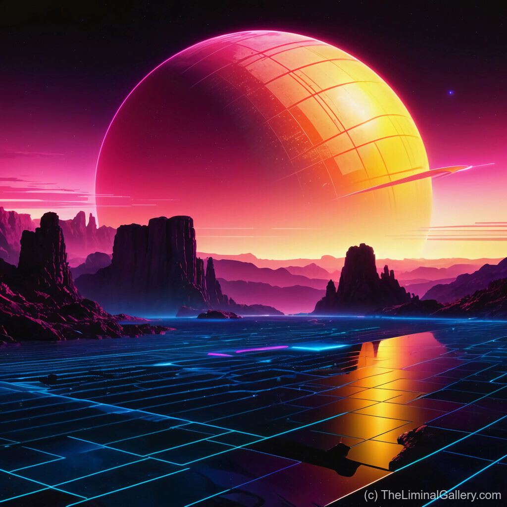 A dynamic synthwave design with a glowing planar grid stretching into a vibrant, futuristic skyline.